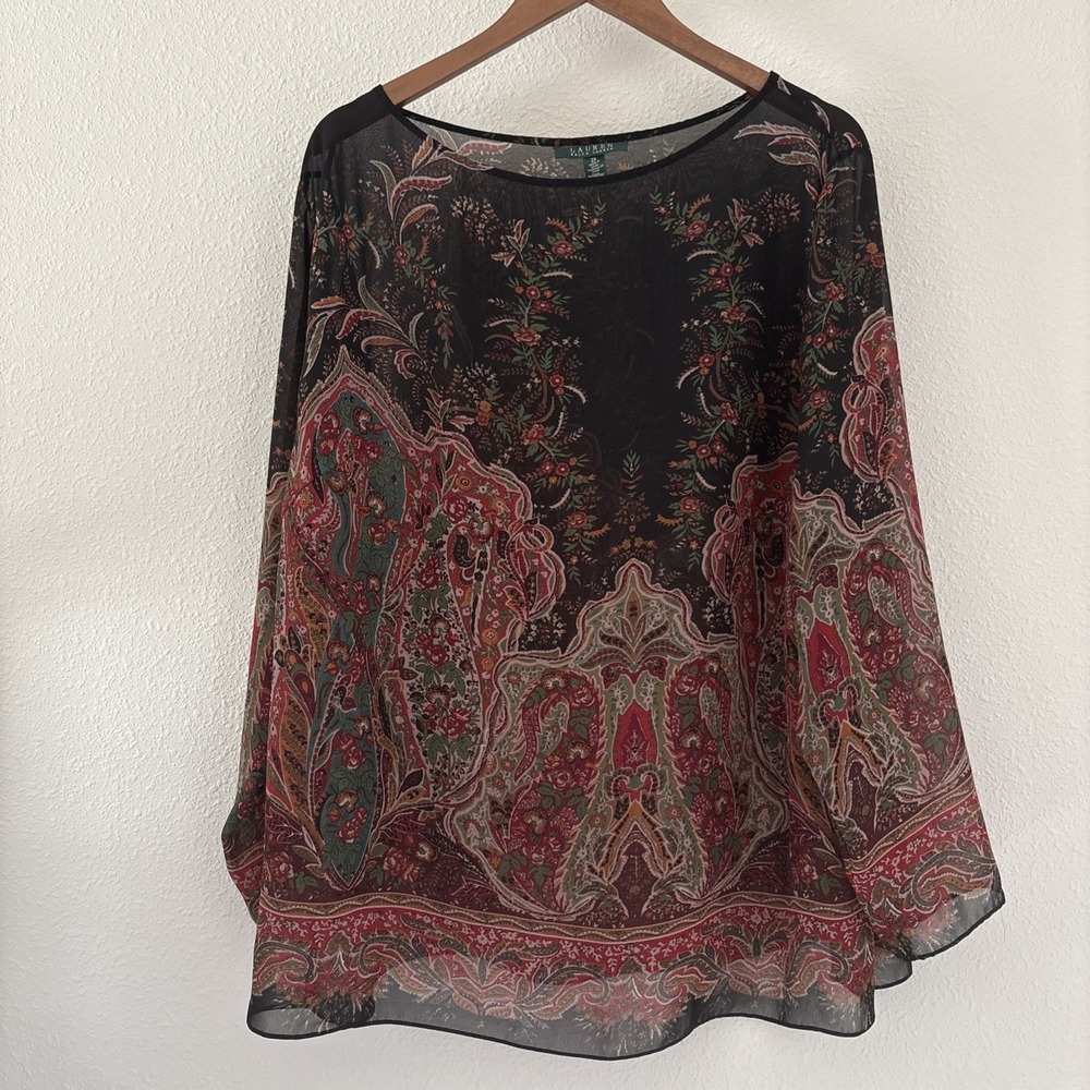 Lauren Ralph Lauren Women's Semi-Sheer Paisley Long Sleeve Blouse 2X No Tank